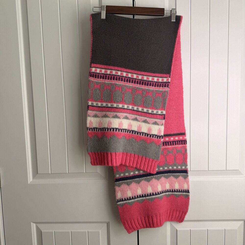 Pink Gray Reversible Fair Isle Knit Scarf Oversized 76 x 13 Winter Geometric